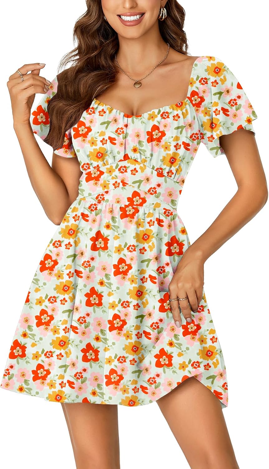Rooscier Women's Tie Back Short Sleeve Mini Dress | Square Neck Wrap Ruffle Sleeve Flare Dresses
