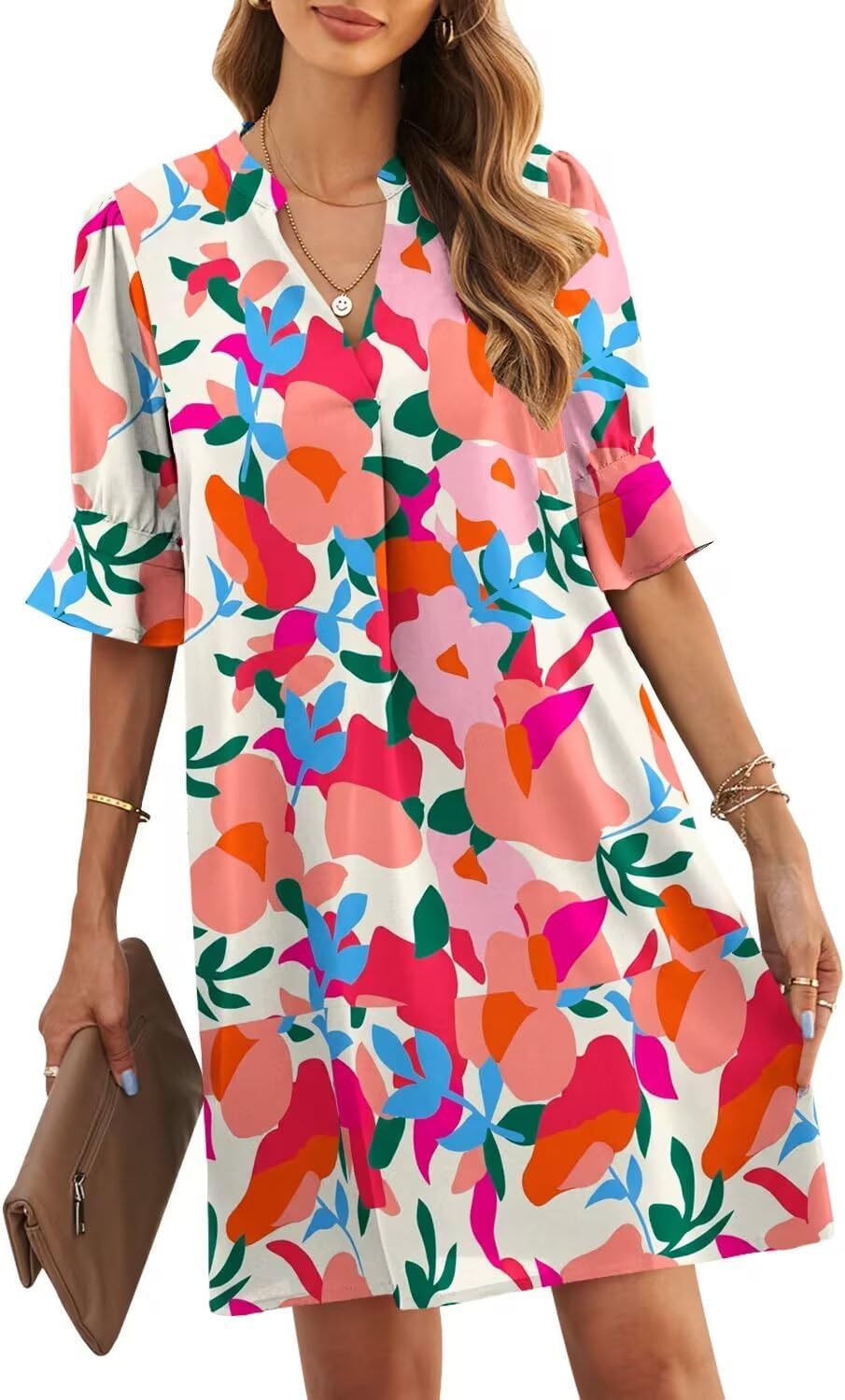 JOCAFIYE Womens Dresses Summer 2026 V-Neck Short Sleeve Dress Shift Dress | Ruffle Short Sleeve, V Neck,Shift Dresses, Floral Print,Mini Short Casual Dress for Graduation Party Date Night Teacher