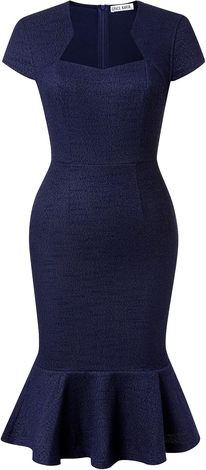 GRACE KARIN Womens Cocktail Dress Fishtail Tweed Bodycon Dresses | Cotton blend stretch fabric, Knee-Length, Cap sleeve, Zipper back, Sweetheart neck, Party wedding guest midi dress