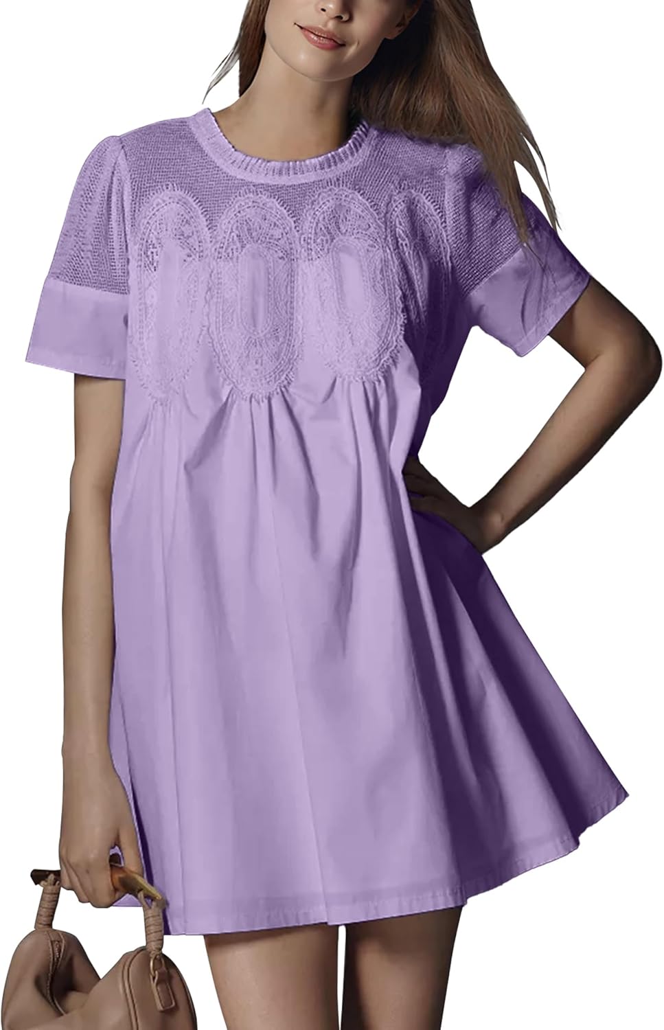 Shiyifa Womens Lace Babydoll Mini Dresses Summer Short Sleeve Sundress | A-Line Baby doll Dress with Lining, Sheer Mesh Patchwork, 2 Pockets, Boho Ruffled Sundress for Daily, Beach and Vacation