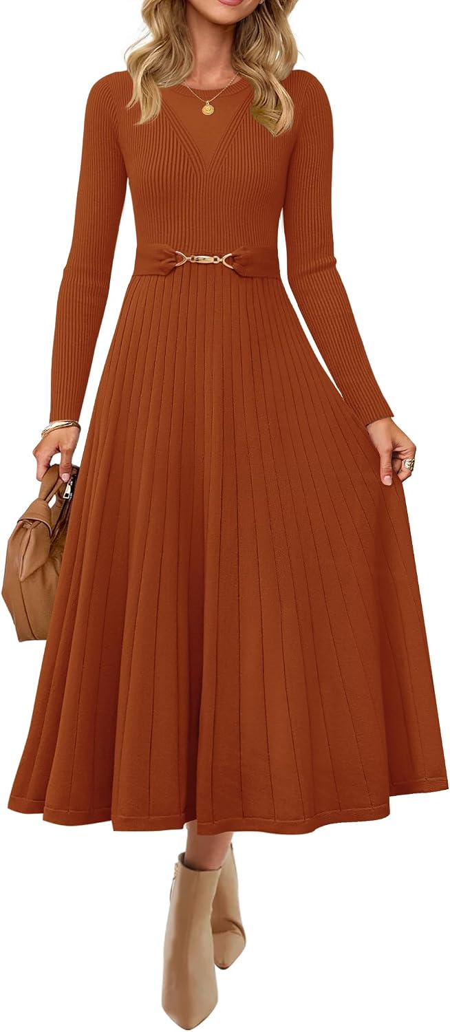 ZESICA Womens Fall Long Sleeve Pleated Midi Sweater Dresses | 2026 Fall Winter Clothes, Crewneck, Soft Knit Fabric, Removable Belted Waist, High Waist, Flowy A Line, Wedding Guest Dresses