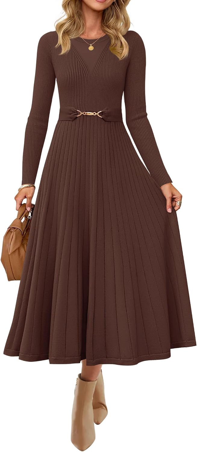 ZESICA Womens Fall Long Sleeve Pleated Midi Sweater Dresses | 2026 Fall Winter Clothes, Crewneck, Soft Knit Fabric, Removable Belted Waist, High Waist, Flowy A Line, Wedding Guest Dresses