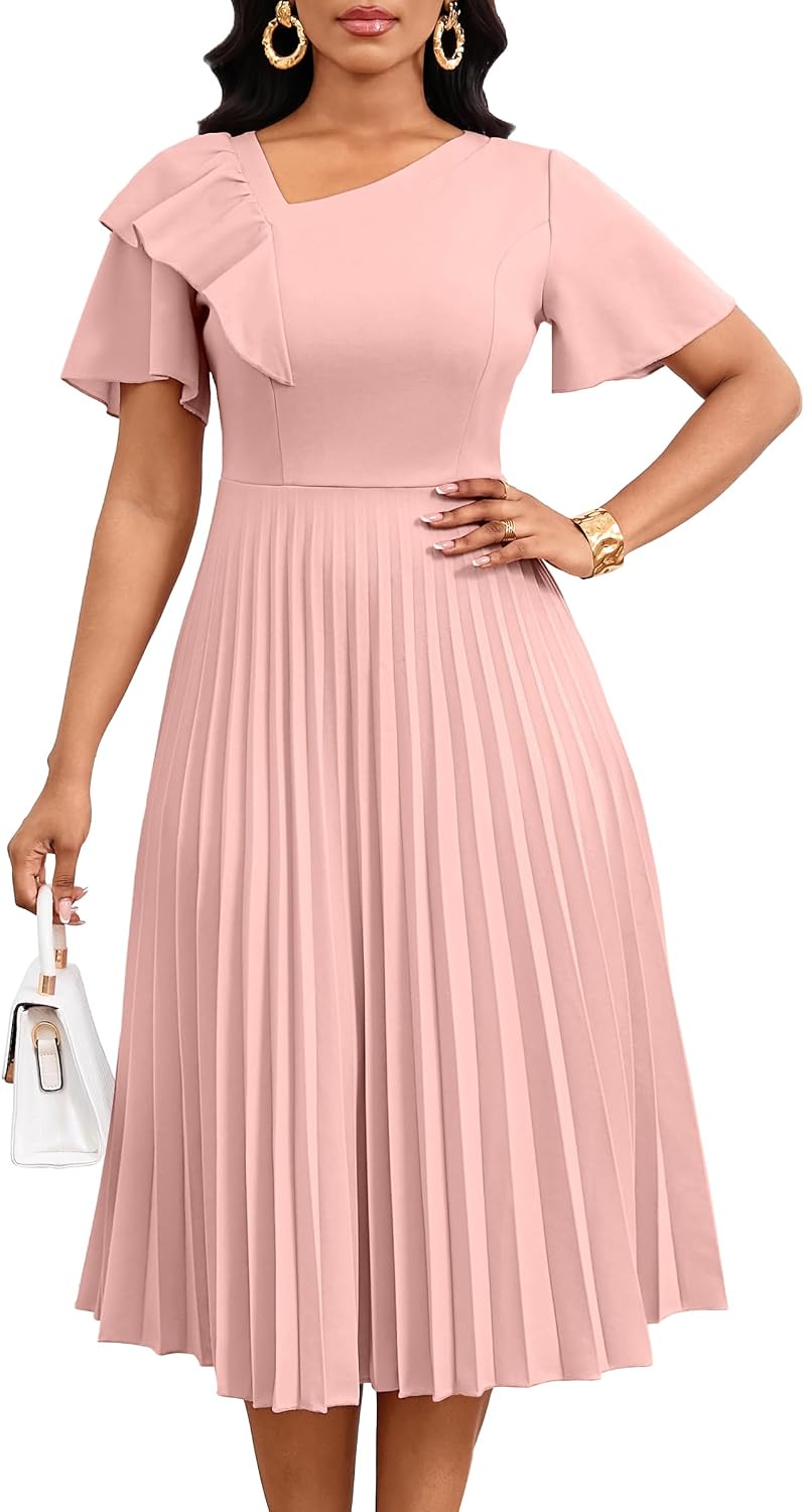 Nmoder Pleated Dress Women Ruffle Short Sleeve Church A Line Midi Dresses | Asymmetrical V-neck, back hidden zipper, drape well and stretch fabric for flattering fit, summer midi length for semi formal