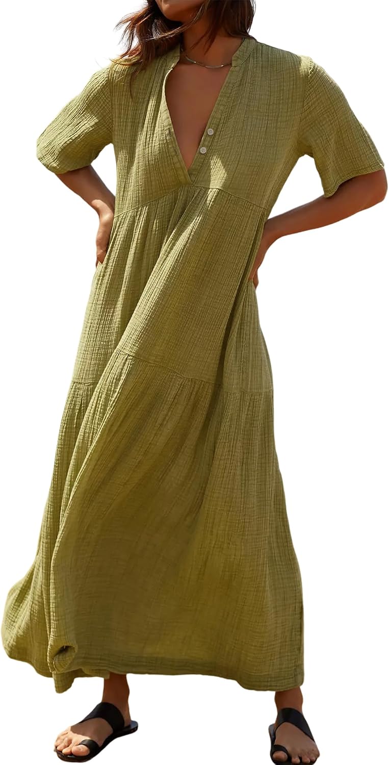 R.Vivimos Womens Summer Cotton Casual Flowy Maxi Dress | Short Sleeve, V Neck, Empire Waist, Boho Tiered Ruffle, Beach Vacation Loose Long Dresses