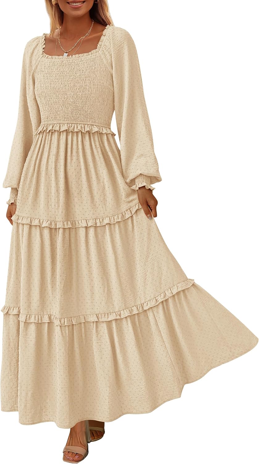 PRETTYGARDEN Women's Smocked Long Sleeve Maxi Dress Wedding Guest Dresses | Elegant Fall Vacation Outfits, Square Neck Swiss Dot, High Waist Tiered Ruffle, Pockets, Flowy Boho Spring Party Clothes