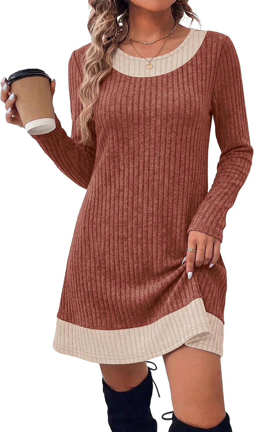 OFEEFAN Fall Dresses for Women 2026 Long Sleeve Sweater Dress Color Block | Side Pockets, Ribbed, Lightweight, Winter Clothing, Loose Fit
