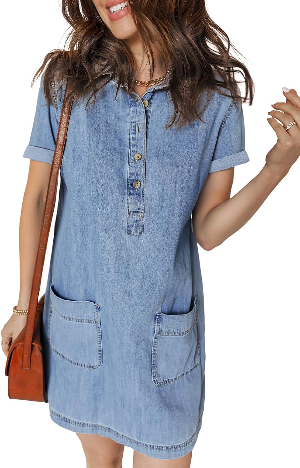 Sidefeel Womens Denim Dress Casual A Line Trendy Mini Jean Dress | Lapel Collar, Partial Button Placket, Short Cuffed Sleeves, Patch Pockets, Above Knee, Trendy Lightweight Summer Shirt Dress
