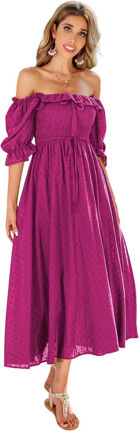 R.Vivimos Women Summer Cotton A Line Flowy Long Dresses | Half Sleeve, Ruffled, Vintage Elegant, Smocked Backless Dress, Maternity Shoot, Baby Shower, Casual Vacation Outfits