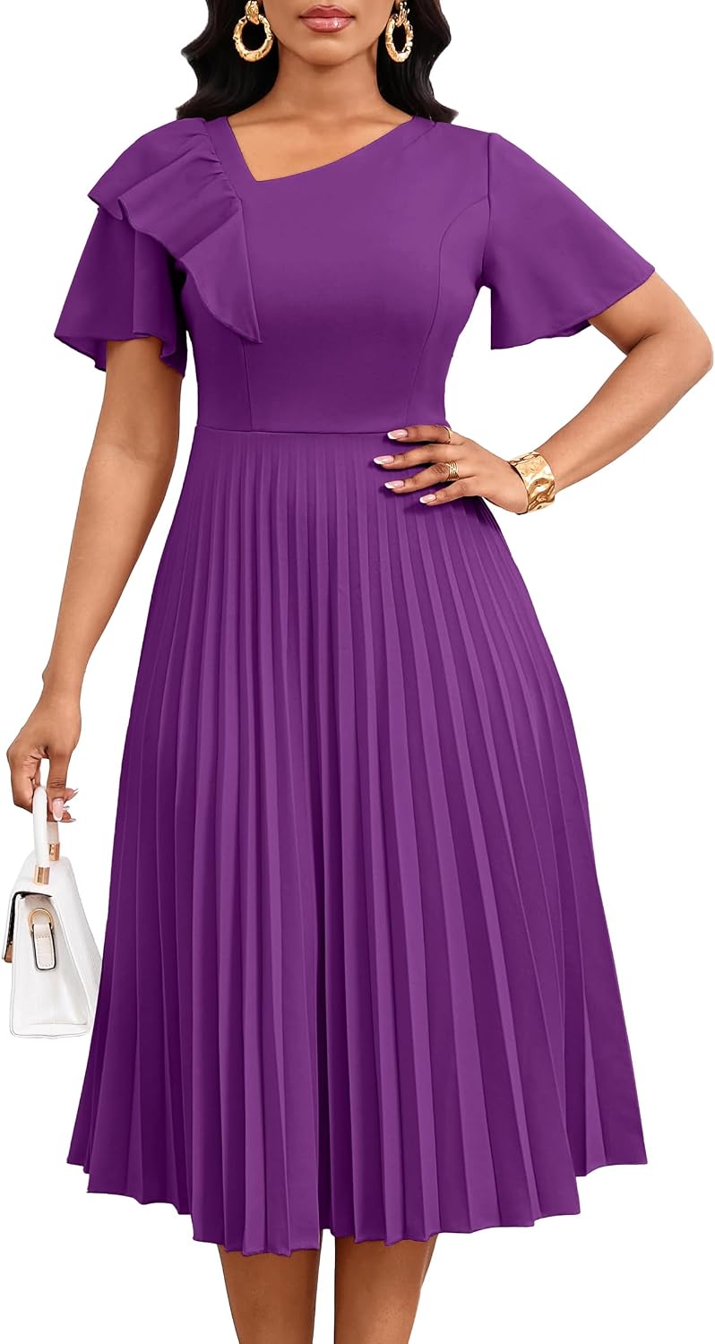 Nmoder Pleated Dress Women Ruffle Short Sleeve Church A Line Midi Dresses | Asymmetrical V-neck, back hidden zipper, drape well and stretch fabric for flattering fit, summer midi length for semi formal