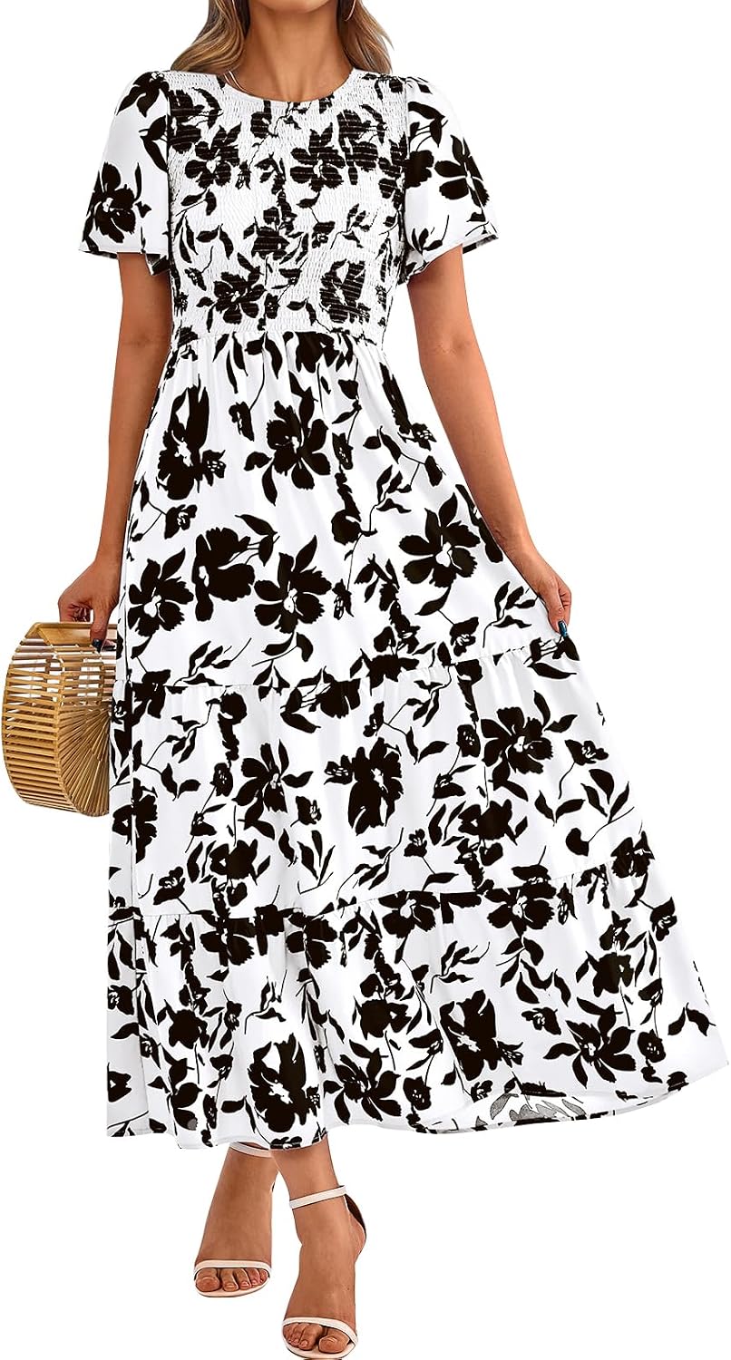 PRETTYGARDEN Women's 2026 Summer Casual Flutter Sleeve Floral Maxi Dress | Crew Neck Short Sleeve Dress, Smocked Top High Waisted Wedding Guest Dresses for Women, Tiered Hem Flowy Boho Long Dresses