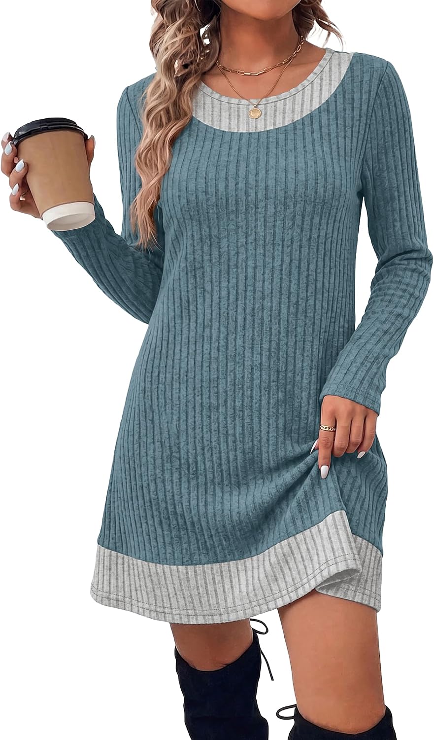 OFEEFAN Fall Dresses for Women 2026 Long Sleeve Sweater Dress Color Block | Side Pockets, Ribbed, Lightweight, Winter Clothing, Loose Fit