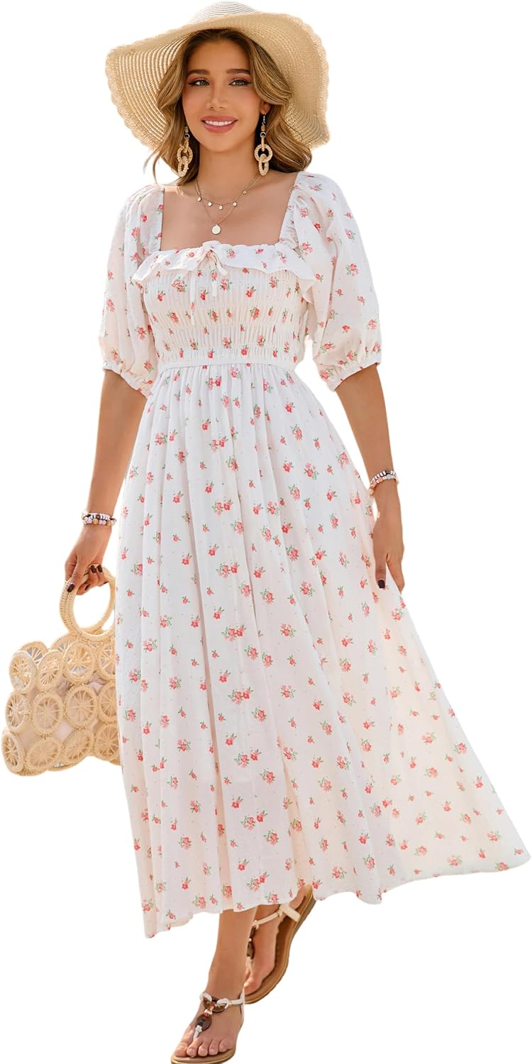 R.Vivimos Women Summer Cotton A Line Flowy Long Dresses | Half Sleeve, Ruffled, Vintage Elegant, Smocked Backless Dress, Maternity Shoot, Baby Shower, Casual Vacation Outfits
