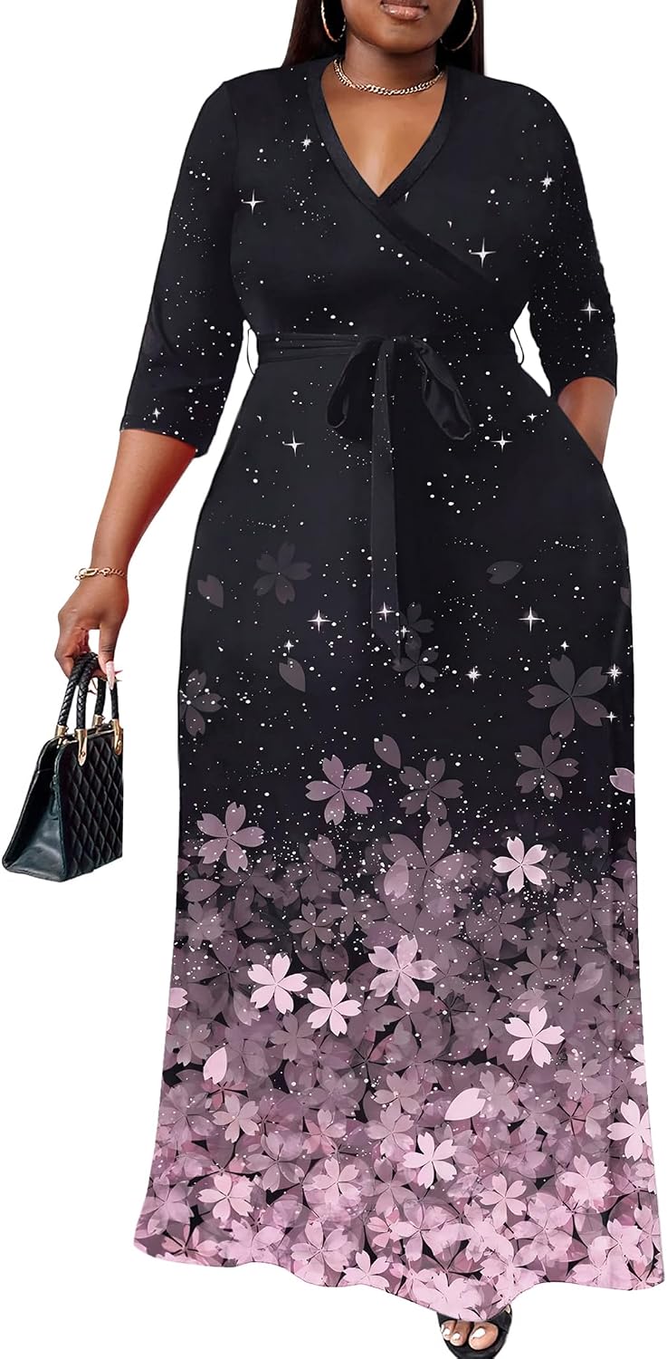 Nmoder Plus Size Maxi Dresses for Curvy Women -Summer Casual Long Fit Dress | Semi Formal, 3\/4 Sleeve V-Neck Flowy Dress, With Pockets And Belt, XL- 6XL