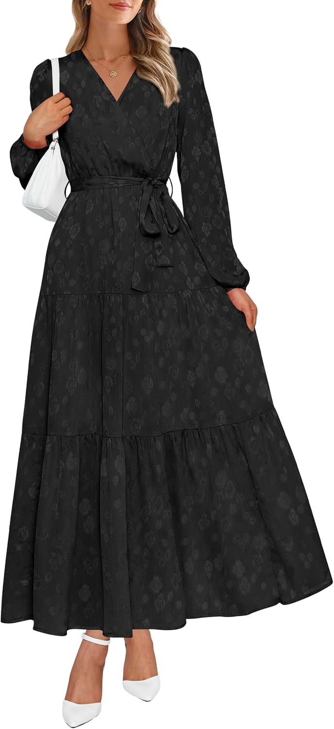 PRETTYGARDEN Womens Long Sleeve Boho Floral Wrap Maxi Dress | Fall Wedding Guest Dresses 2026, Chiffon Flowy Long Dresses, Casual Tie Waist V Neck Dress, Modest A Line Ruffle Tiered Dress