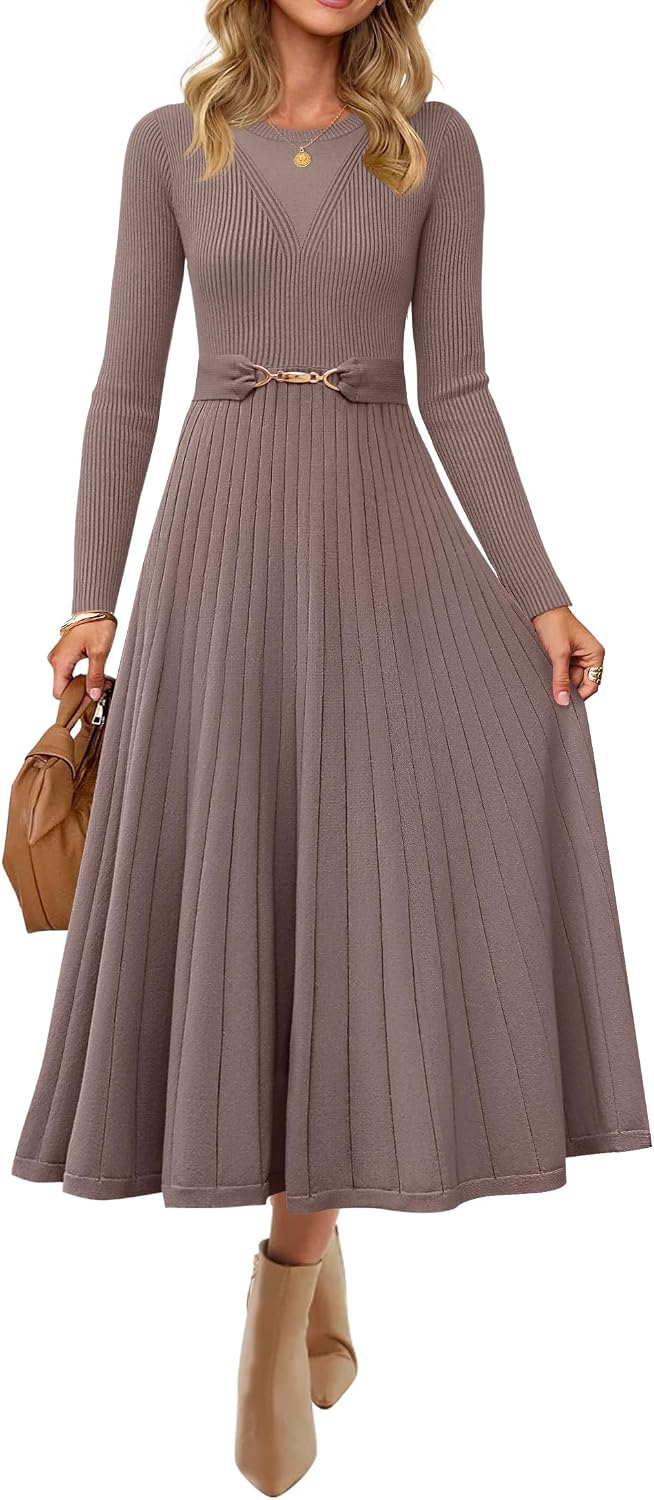 ZESICA Womens Fall Long Sleeve Pleated Midi Sweater Dresses | 2026 Fall Winter Clothes, Crewneck, Soft Knit Fabric, Removable Belted Waist, High Waist, Flowy A Line, Wedding Guest Dresses