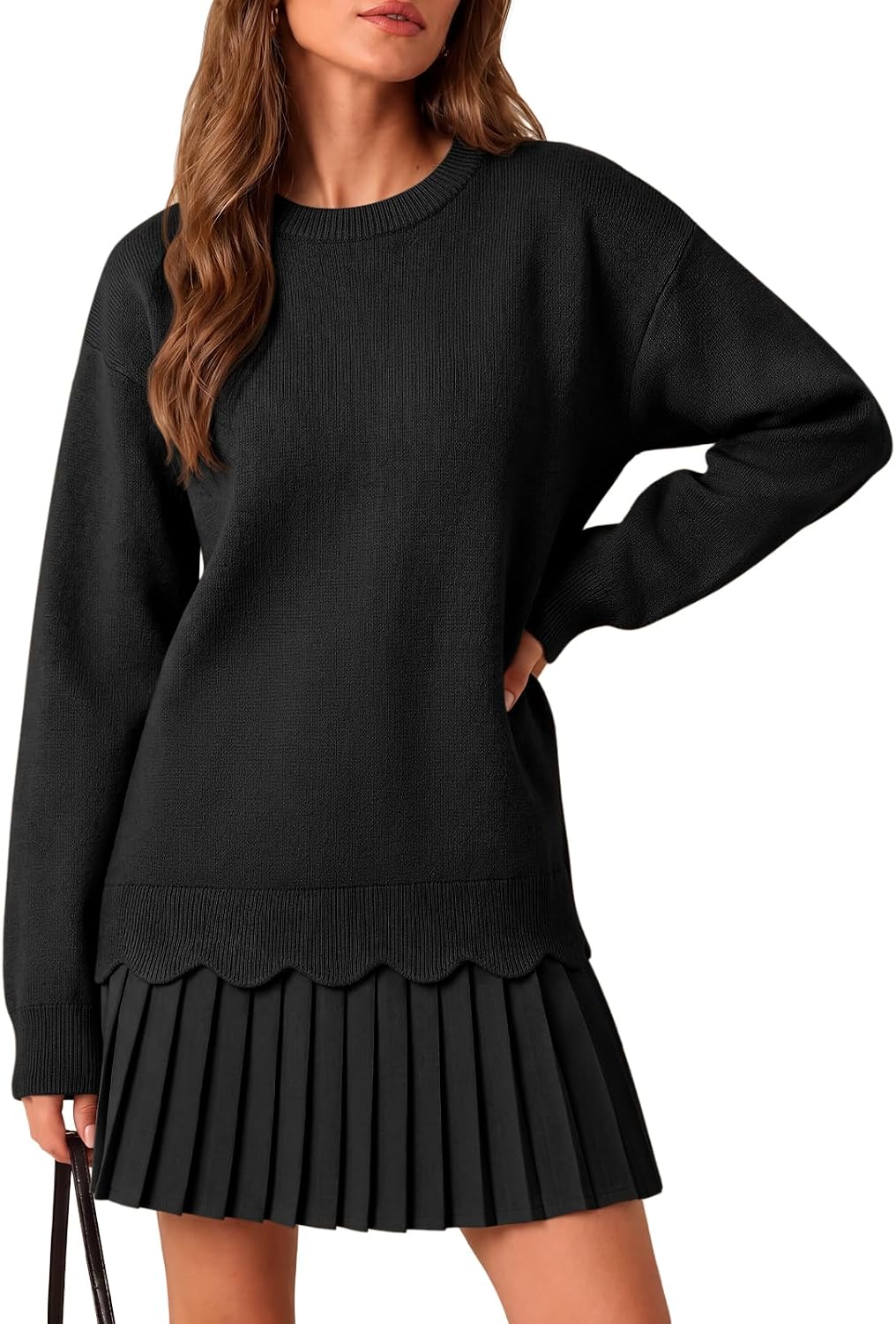 Saodimallsu Womens Pleated Sweater Dress Long Sleeve Crewneck Trendy Cute Loose Knit Fall Mini Dresses
