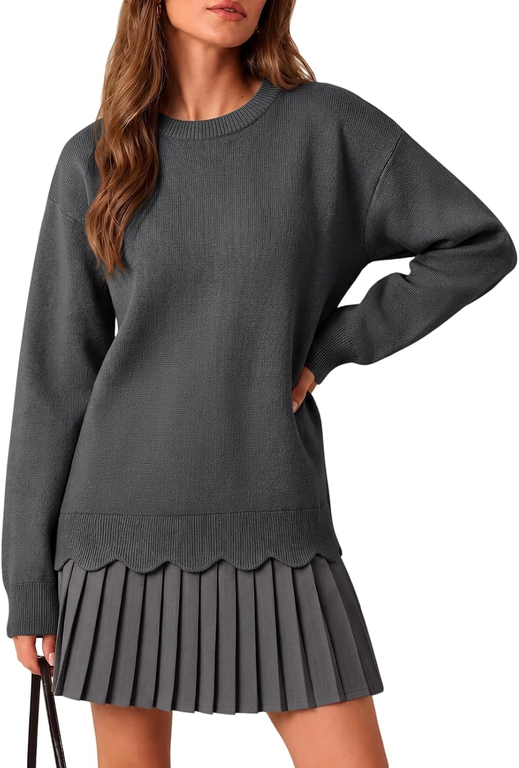Saodimallsu Womens Pleated Sweater Dress Long Sleeve Crewneck Trendy Cute Loose Knit Fall Mini Dresses