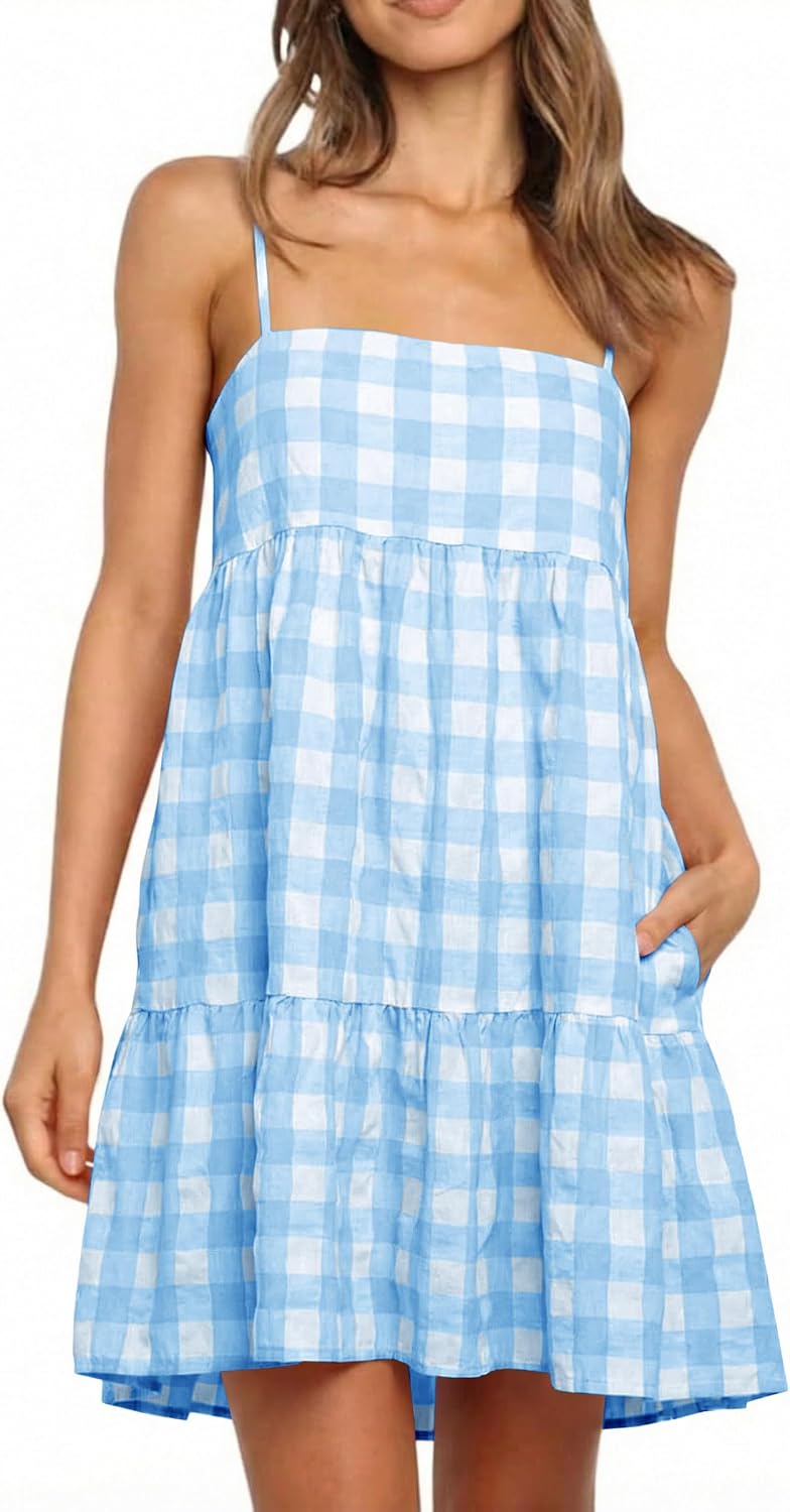 Wenrine Womens Summer Plaid Mini Dress Spaghetti Strap Beach Sundress | Sleeveless,Casual,Gingham Y2K,A Line,Maternity,Vacation,Country Concert,Short Dresses with Pockets