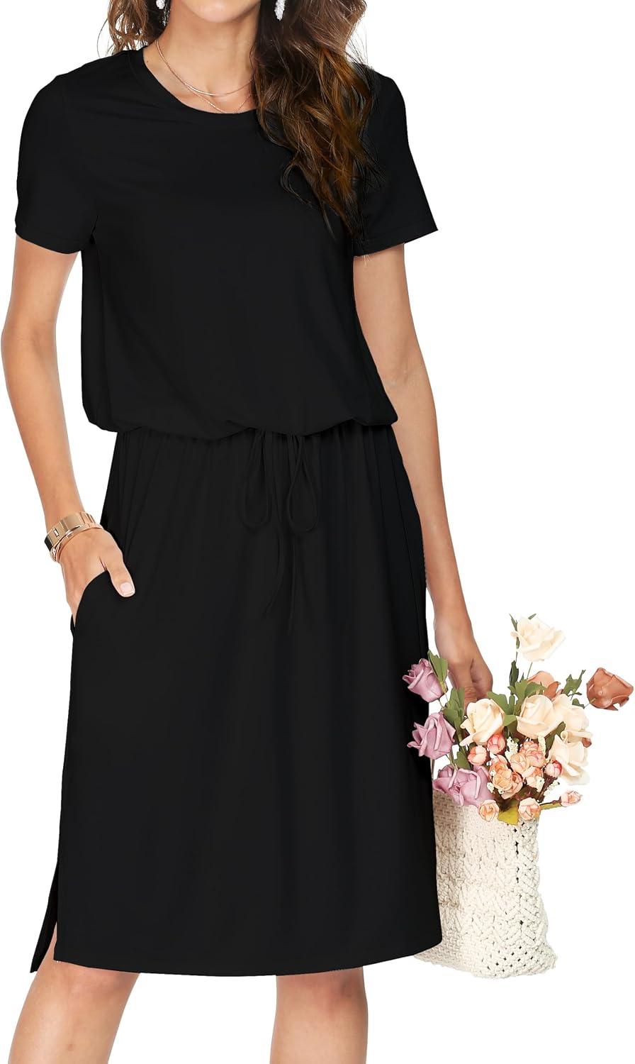 Simier Fariry Womens Summer Hide Belly Knee Length Travel Dress Pocket Short Sleeve Midi Work Casual Outfits