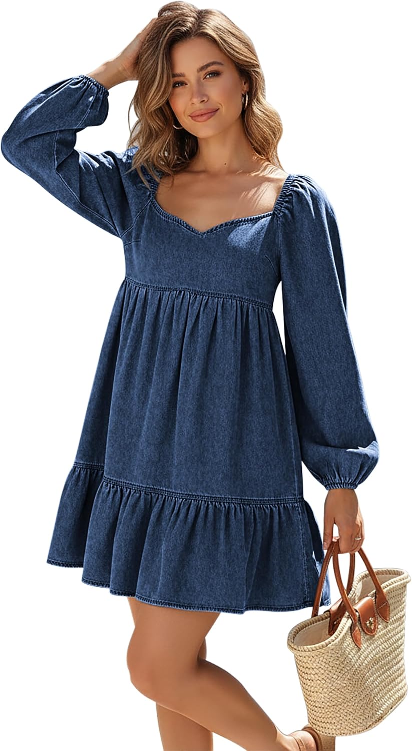 POTILI Denim Dress for Women Puff Short Sleeve Jean Denim Mini Dresses | Sweetheart Neck, Babydoll, A Line, Comfort, Cute, Casual, Western, Country Concert, Summer, Spring