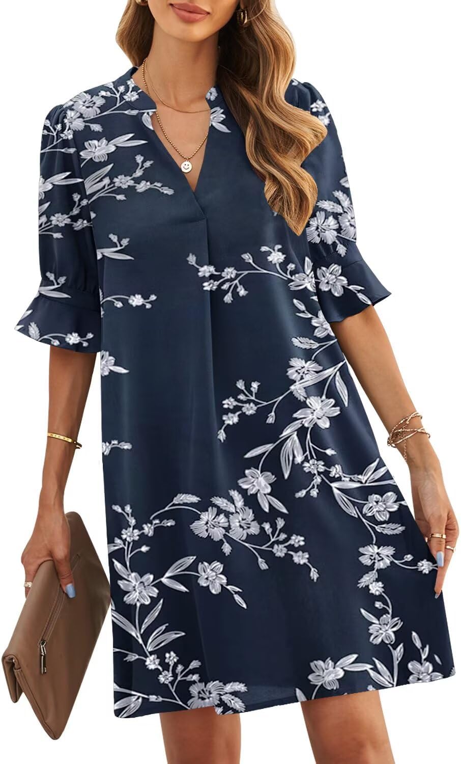 JOCAFIYE Womens Dresses Summer 2026 V-Neck Short Sleeve Dress Shift Dress | Ruffle Short Sleeve, V Neck,Shift Dresses, Floral Print,Mini Short Casual Dress for Graduation Party Date Night Teacher
