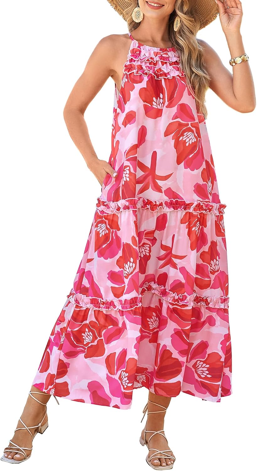 GRACE KARIN 2026 Women's Floral Halter Maxi Dress Boho Summer Beach Sundress with Tiered Ruffle Skirt