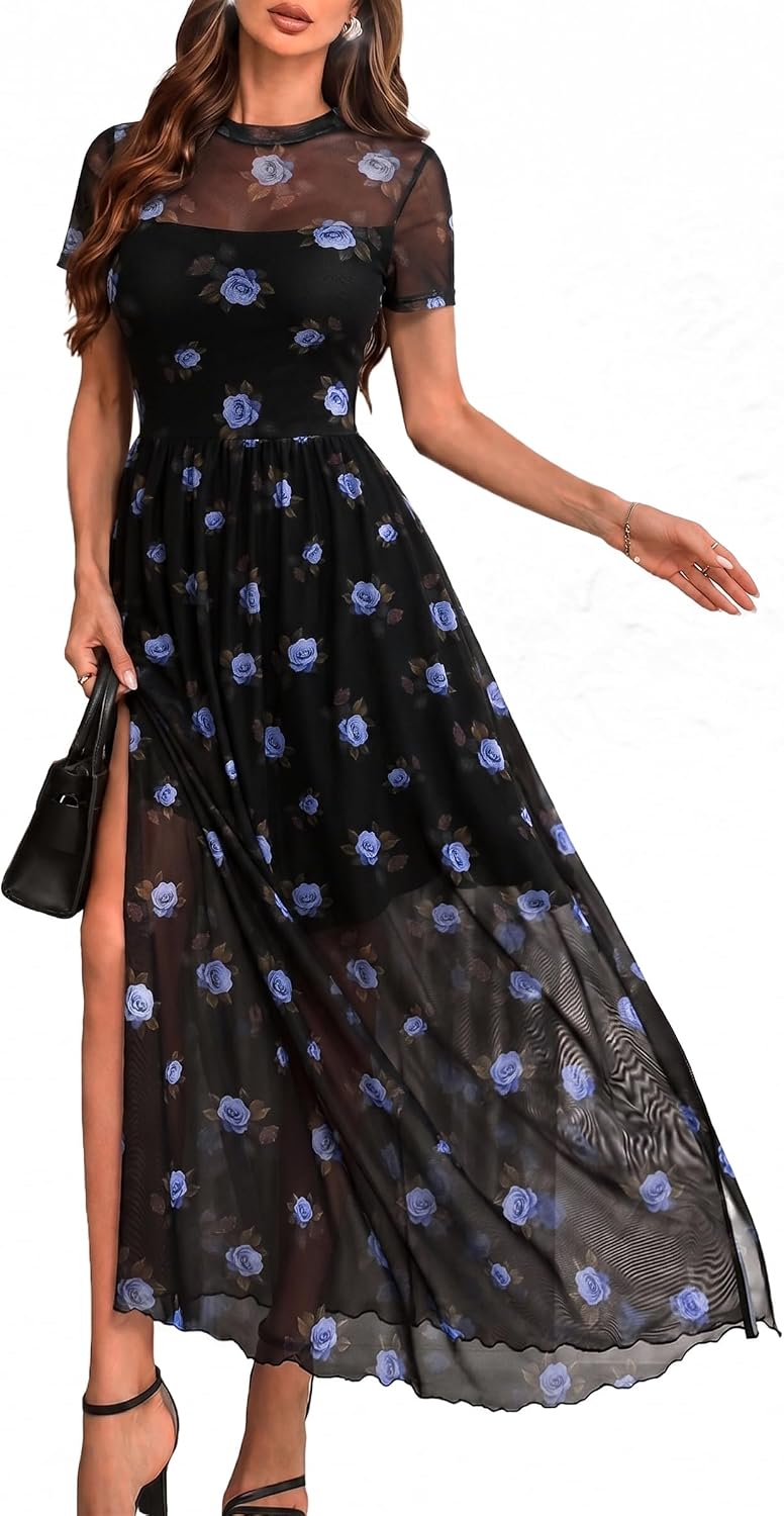 GothDark Women's Floral Mesh Short Sleeve Wedding Guest Maxi Dress | High Slit, Waist-Cinched, Soft Stretchy Fabric, A-Line Dress for Cocktail Party, Date Night, Dinner