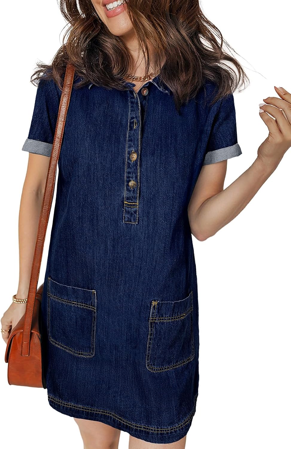 Sidefeel Womens Denim Dress Casual A Line Trendy Mini Jean Dress | Lapel Collar, Partial Button Placket, Short Cuffed Sleeves, Patch Pockets, Above Knee, Trendy Lightweight Summer Shirt Dress