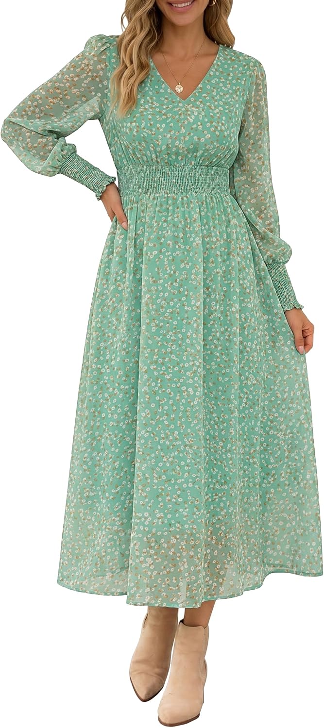 ANRABESS Women's Floral Fall Wedding Guest Maxi Dress | Long Puff Sleeve V Neck Smocked Waist，Chiffon Lined Flowy A-line Boho Dress，Casual Travel Outfits，Garden Tea Party Clothes