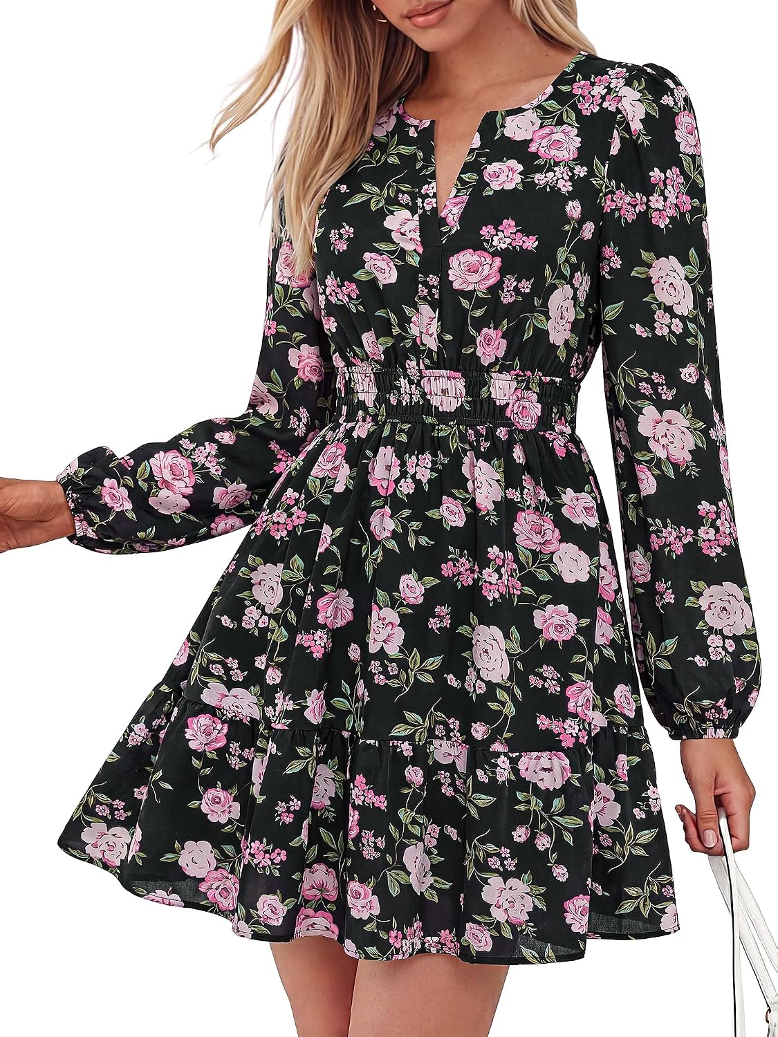 BTFBM Fall Dresses for Women 2026 Trendy Floral Long Sleeve Mini Dress | V Neck Elastic High Waist Knee Length A Line Flowy, Casual Dress Pockets, Holiday Party Vacation Cocktail Wedding Guest Dress