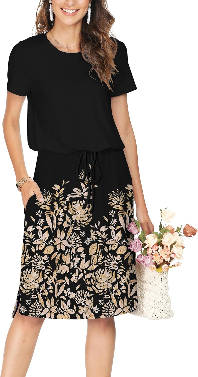 Simier Fariry Womens Summer Hide Belly Knee Length Travel Dress Pocket Short Sleeve Midi Work Casual Outfits