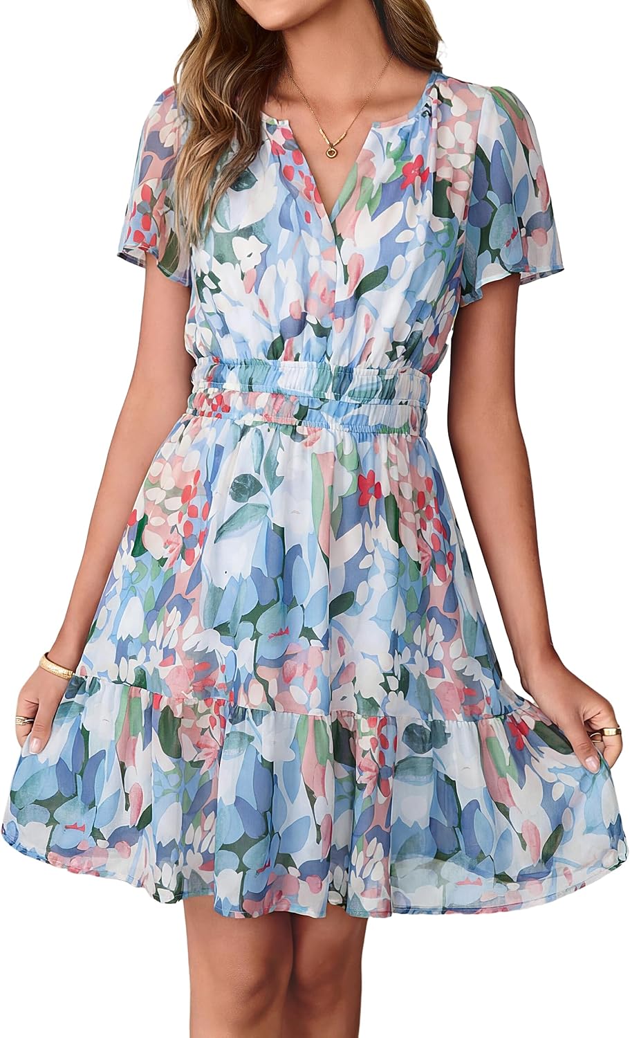 Simplee Women 2026 Floral Summer Short Dress Short Sleeves V Neck Chiffon A-Line Casual Flowy Boho Mini Dresses