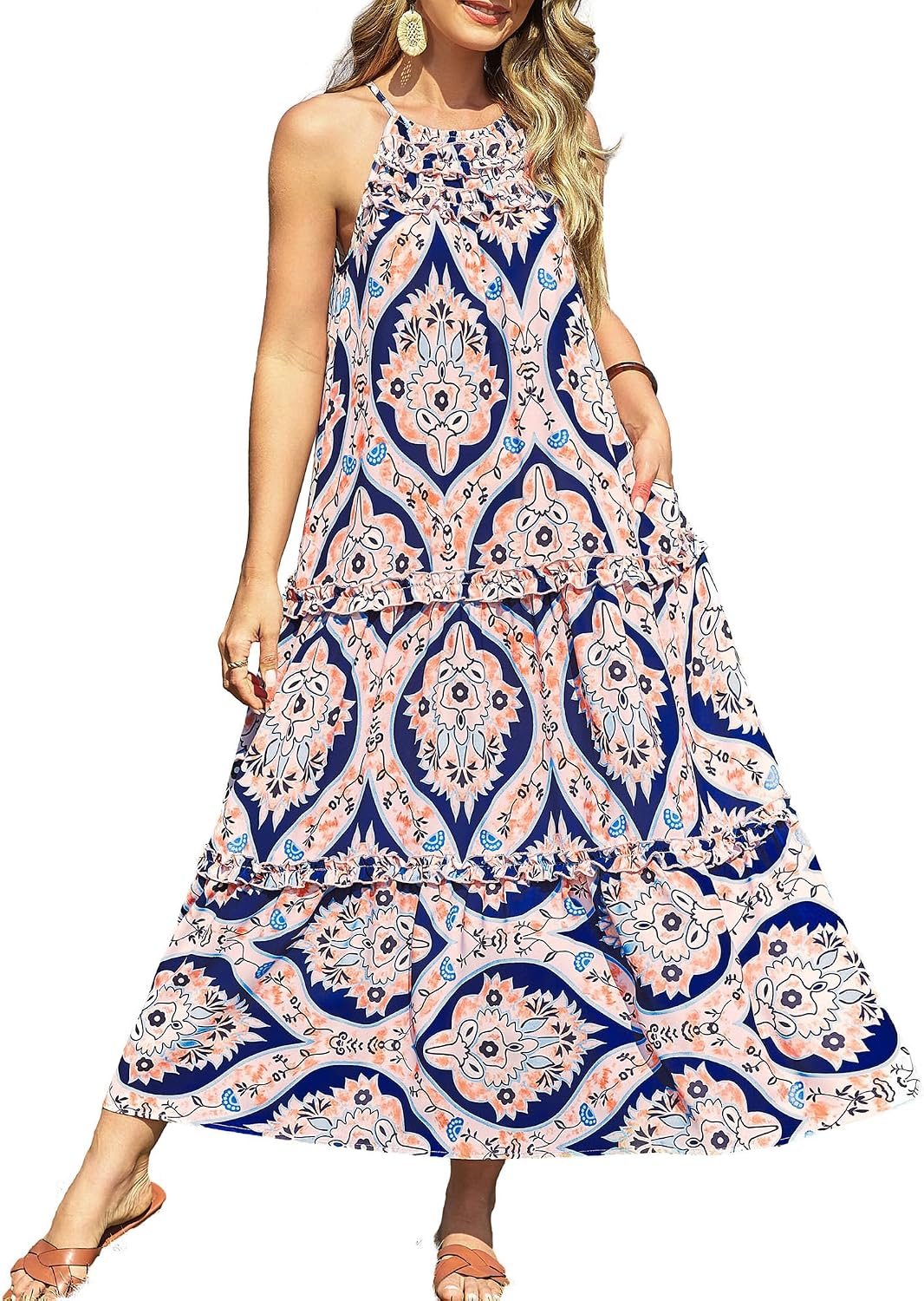GRACE KARIN 2026 Women's Floral Halter Maxi Dress Boho Summer Beach Sundress with Tiered Ruffle Skirt