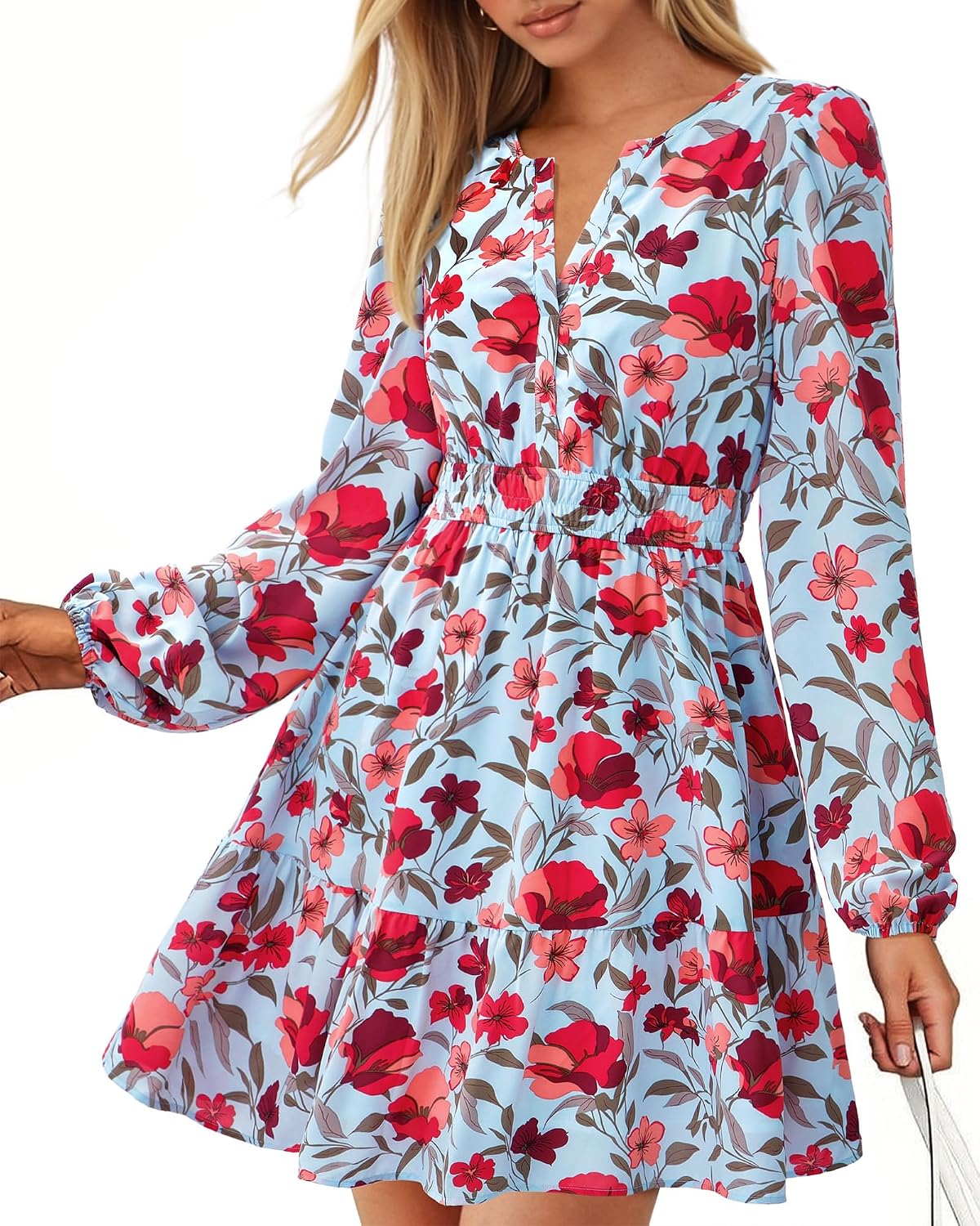 BTFBM Fall Dresses for Women 2026 Trendy Floral Long Sleeve Mini Dress | V Neck Elastic High Waist Knee Length A Line Flowy, Casual Dress Pockets, Holiday Party Vacation Cocktail Wedding Guest Dress