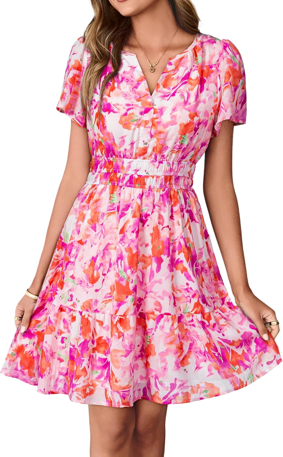 Simplee Women 2026 Floral Summer Short Dress Short Sleeves V Neck Chiffon A-Line Casual Flowy Boho Mini Dresses