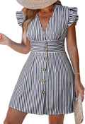 CUPSHE Women's Striped Deep V-Neck Button Down Mini Sundress | Flutter Cap Sleeve, Smocked High Waist Flowy A-Line Dress, For Summer Vacation, Semi-Formal Event, Work, Casual Daily Wear