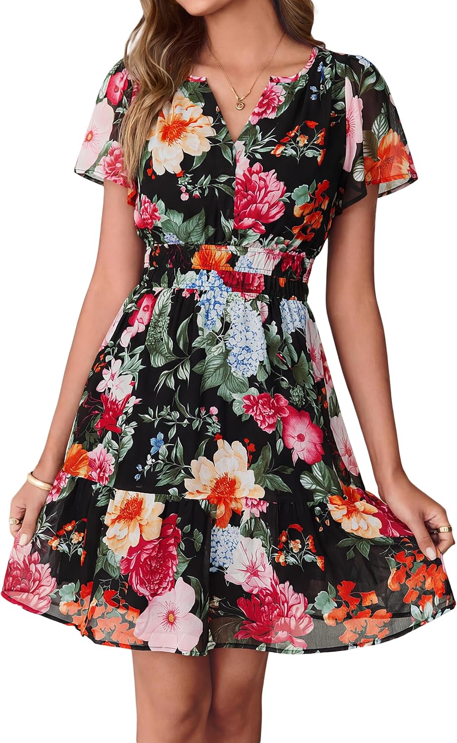Simplee Women 2026 Floral Summer Short Dress Short Sleeves V Neck Chiffon A-Line Casual Flowy Boho Mini Dresses