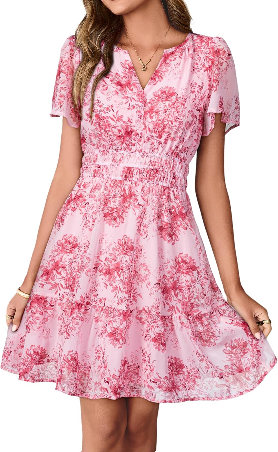 Simplee Women 2026 Floral Summer Short Dress Short Sleeves V Neck Chiffon A-Line Casual Flowy Boho Mini Dresses