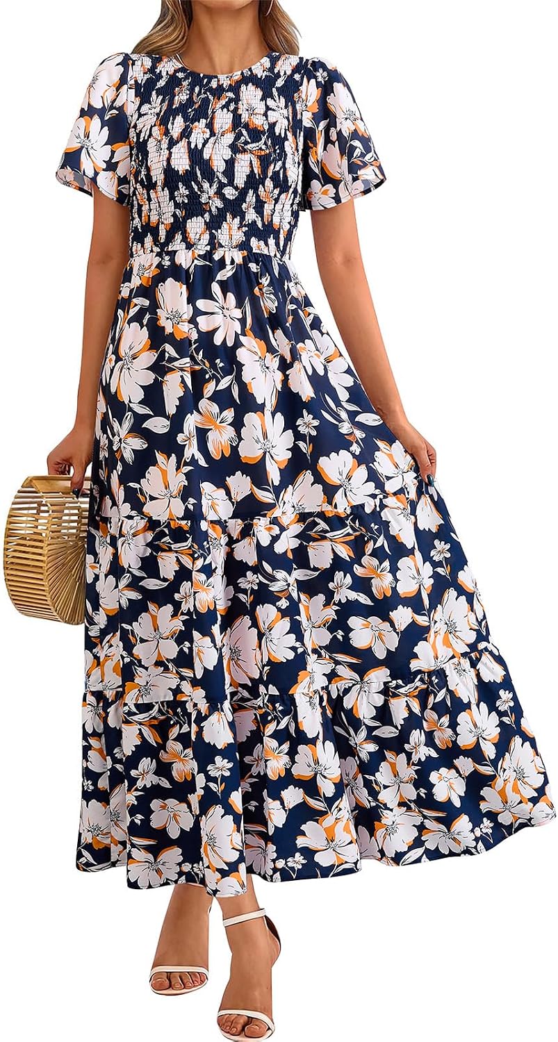 PRETTYGARDEN Women's 2026 Summer Casual Flutter Sleeve Floral Maxi Dress | Crew Neck Short Sleeve Dress, Smocked Top High Waisted Wedding Guest Dresses for Women, Tiered Hem Flowy Boho Long Dresses