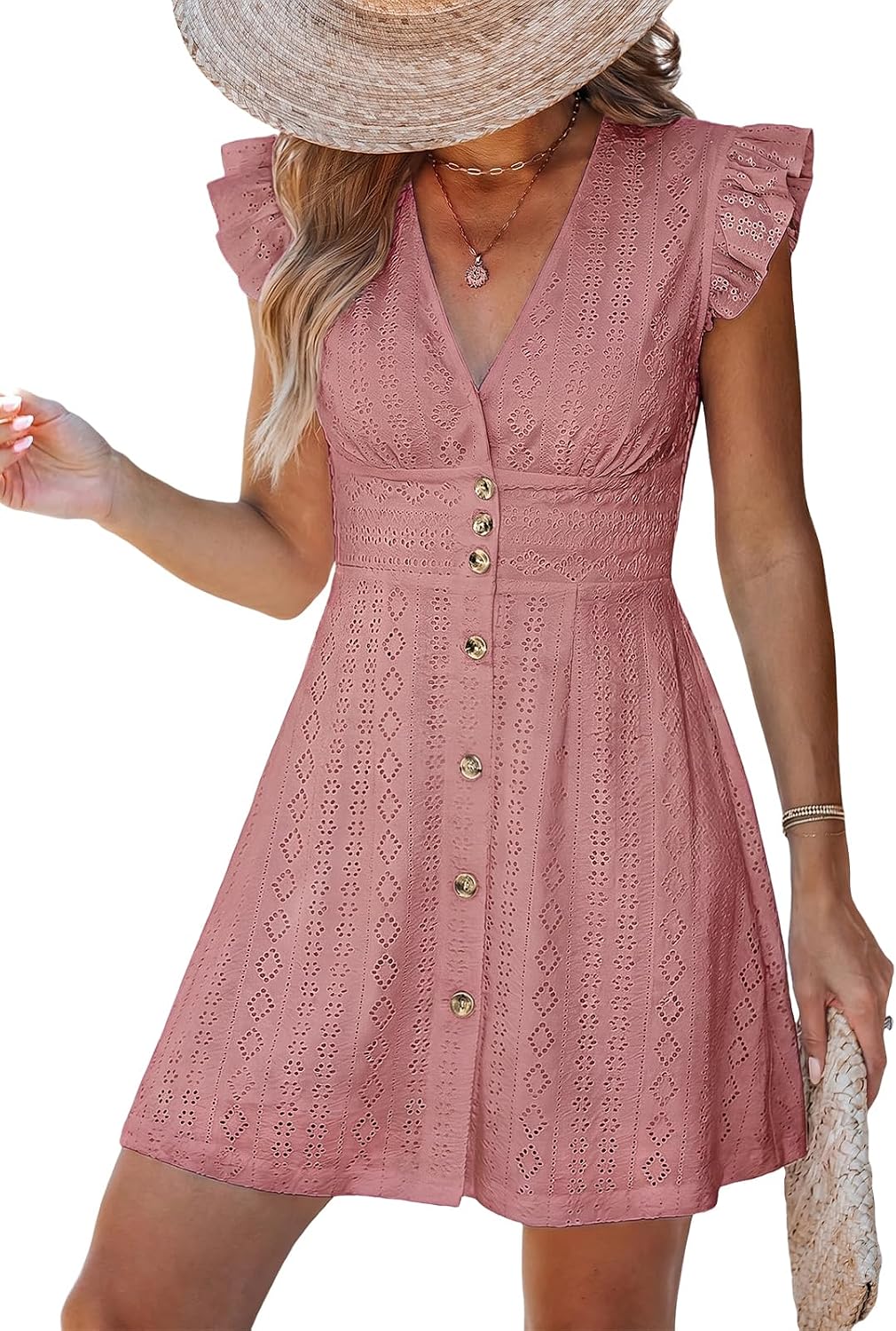 CUPSHE Women's Striped Deep V-Neck Button Down Mini Sundress | Flutter Cap Sleeve, Smocked High Waist Flowy A-Line Dress, For Summer Vacation, Semi-Formal Event, Work, Casual Daily Wear