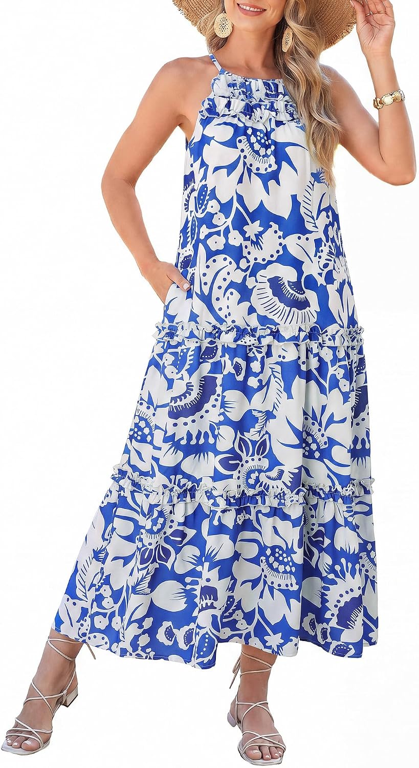 GRACE KARIN 2026 Women's Floral Halter Maxi Dress Boho Summer Beach Sundress with Tiered Ruffle Skirt