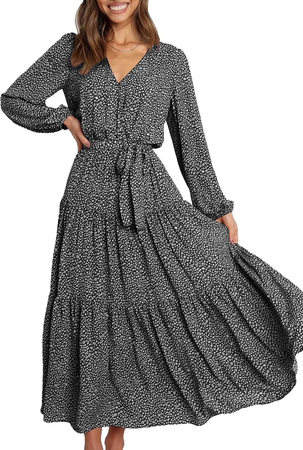 PRETTYGARDEN Womens Long Sleeve Boho Floral Wrap Maxi Dress | Fall Wedding Guest Dresses 2026, Chiffon Flowy Long Dresses, Casual Tie Waist V Neck Dress, Modest A Line Ruffle Tiered Dress