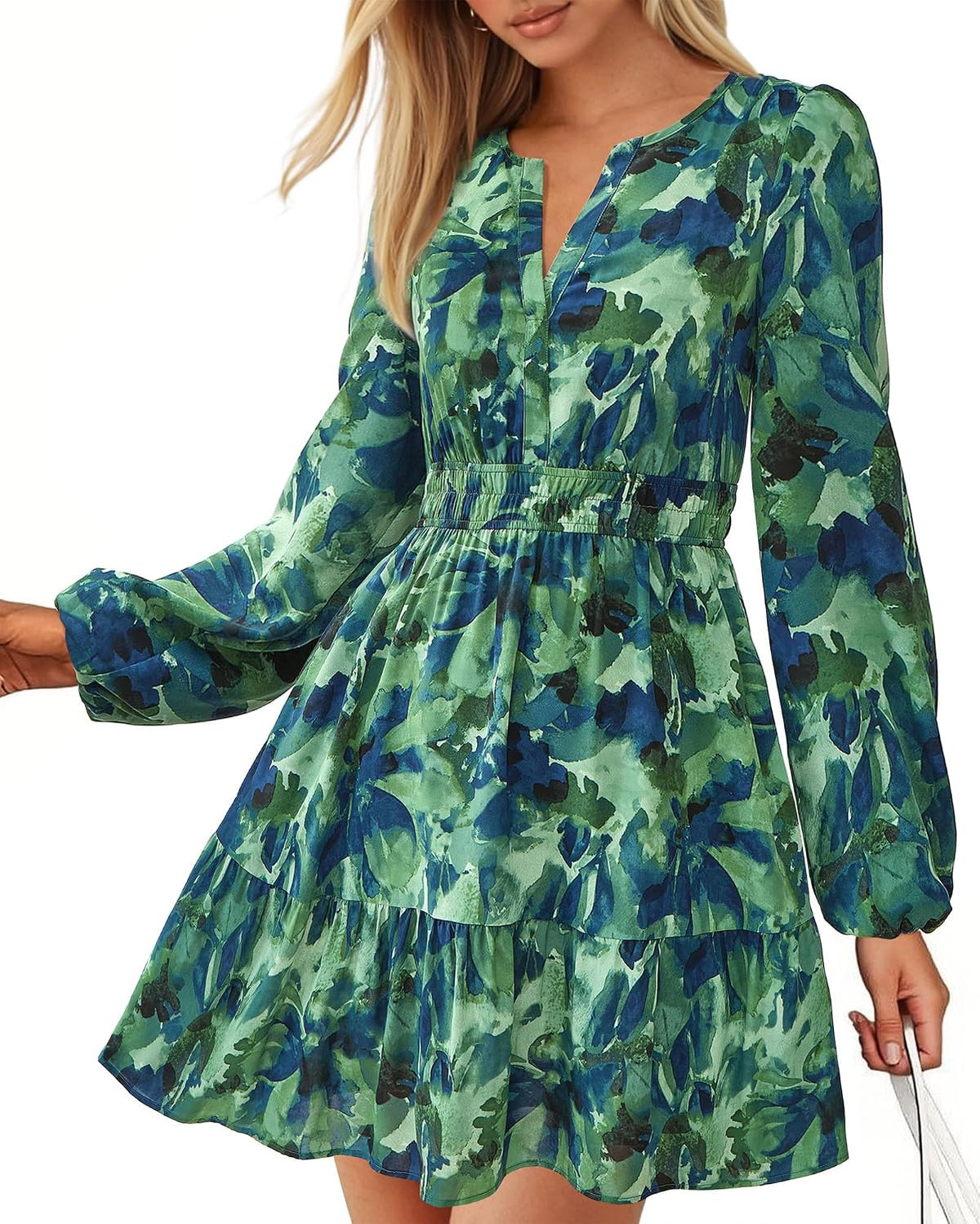 BTFBM Fall Dresses for Women 2026 Trendy Floral Long Sleeve Mini Dress | V Neck Elastic High Waist Knee Length A Line Flowy, Casual Dress Pockets, Holiday Party Vacation Cocktail Wedding Guest Dress