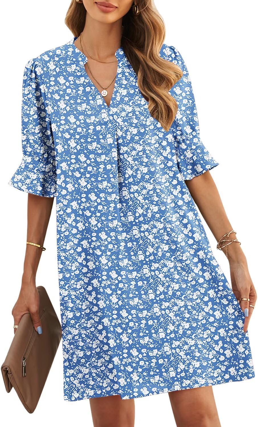 JOCAFIYE Womens Dresses Summer 2026 V-Neck Short Sleeve Dress Shift Dress | Ruffle Short Sleeve, V Neck,Shift Dresses, Floral Print,Mini Short Casual Dress for Graduation Party Date Night Teacher