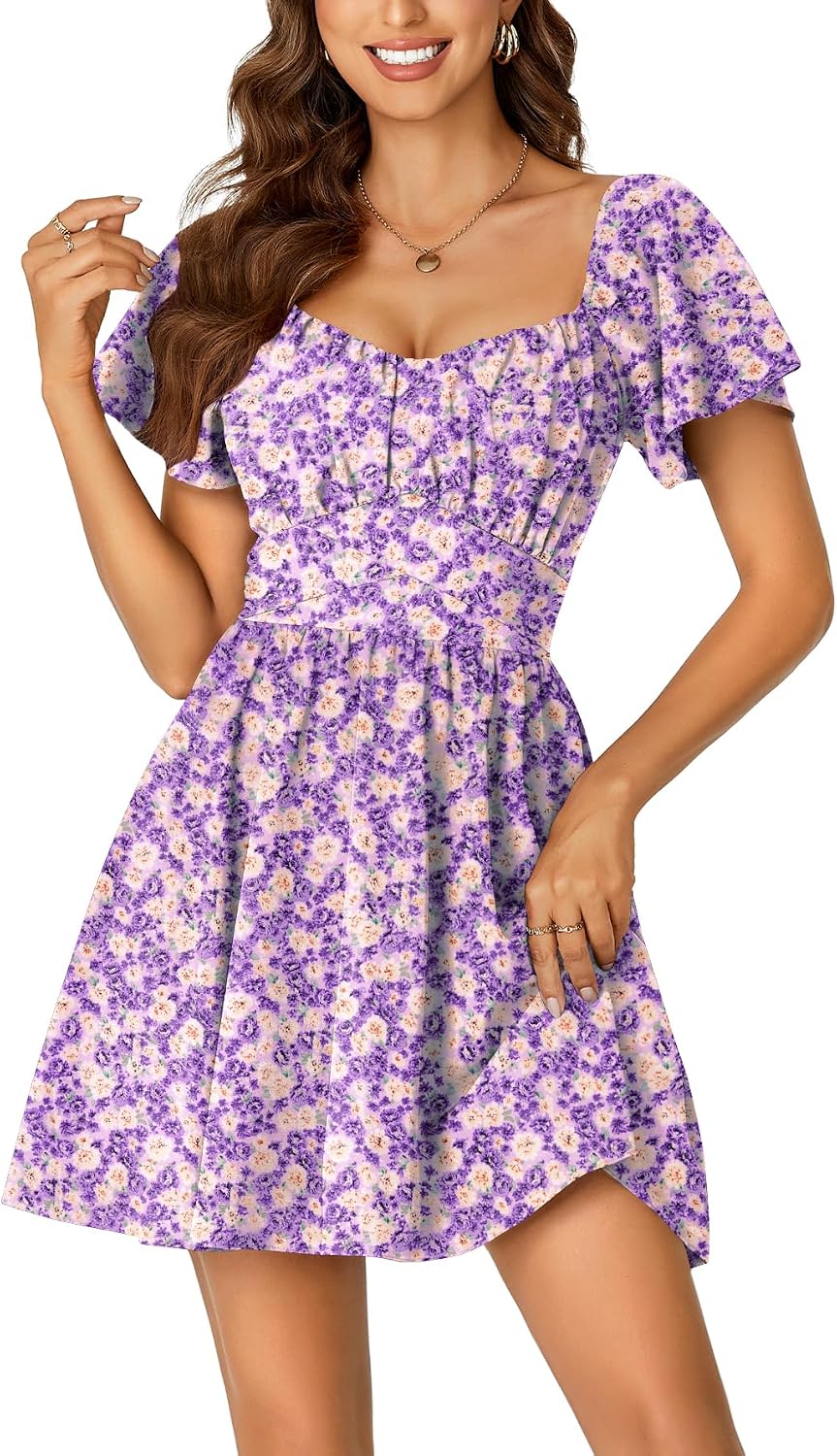 Rooscier Women's Tie Back Short Sleeve Mini Dress | Square Neck Wrap Ruffle Sleeve Flare Dresses