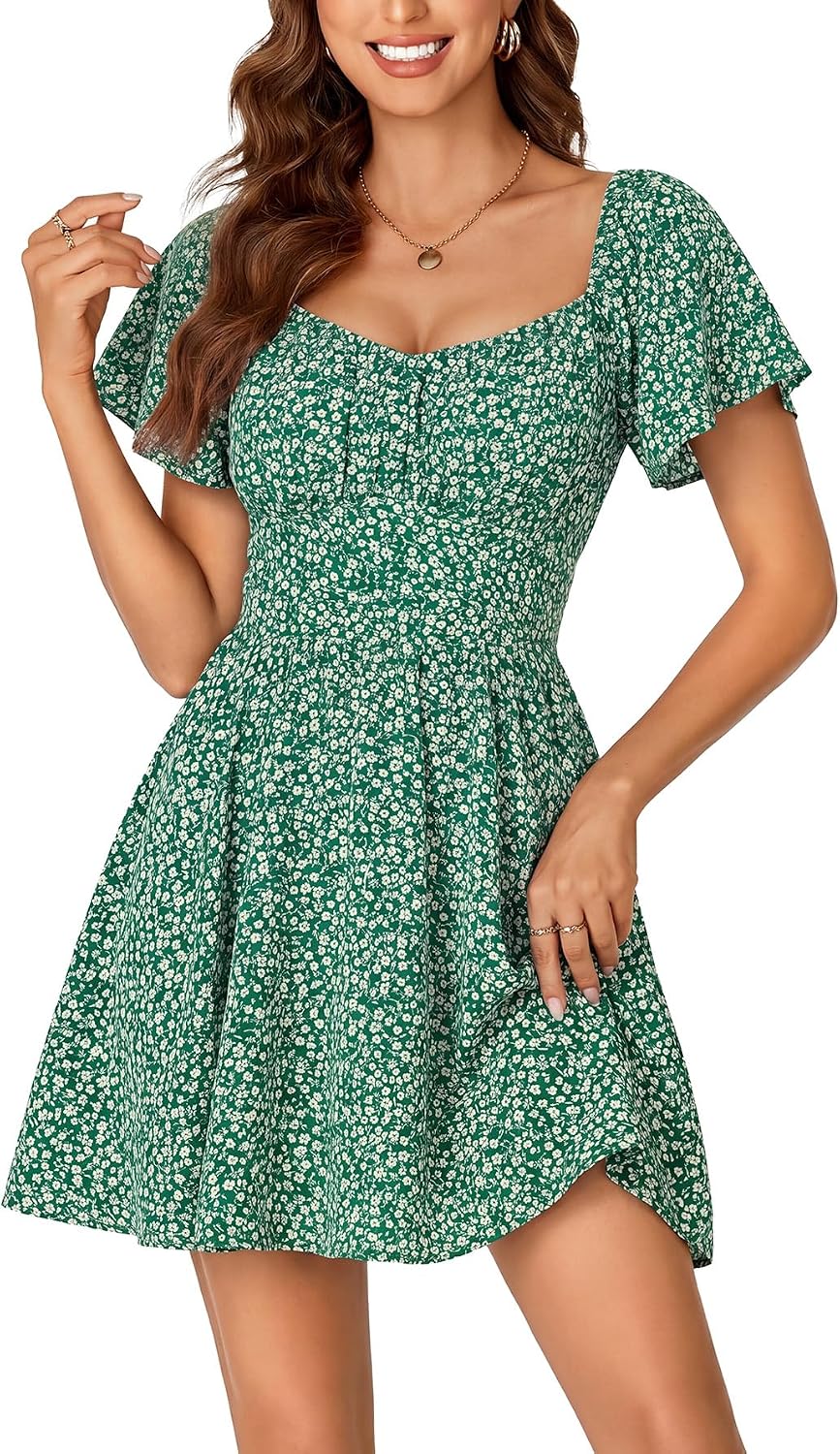 Rooscier Women's Tie Back Short Sleeve Mini Dress | Square Neck Wrap Ruffle Sleeve Flare Dresses
