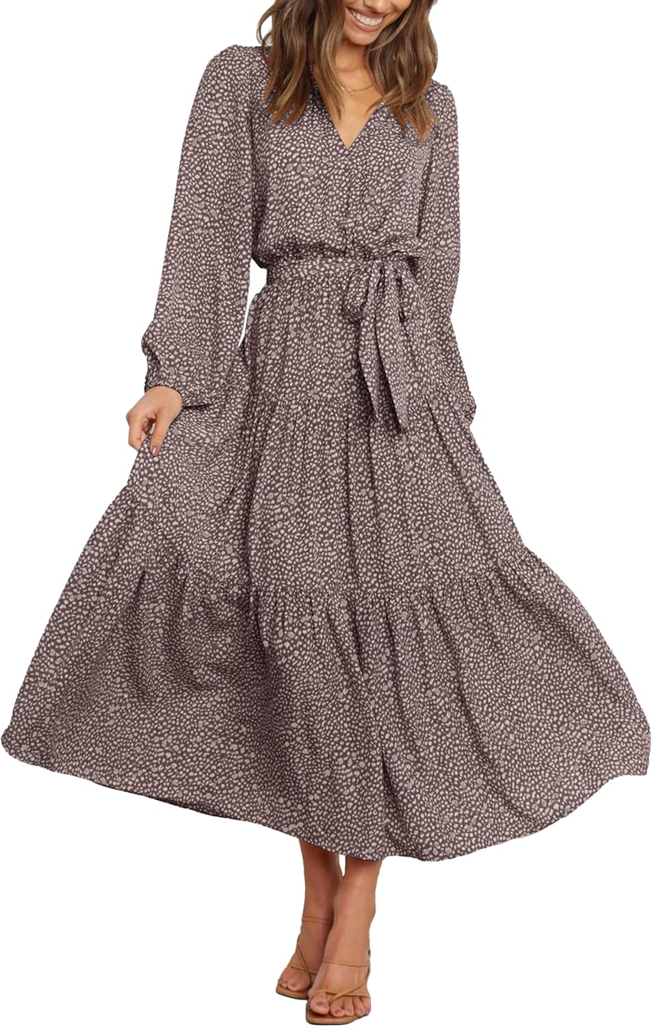 PRETTYGARDEN Womens Long Sleeve Boho Floral Wrap Maxi Dress | Fall Wedding Guest Dresses 2026, Chiffon Flowy Long Dresses, Casual Tie Waist V Neck Dress, Modest A Line Ruffle Tiered Dress