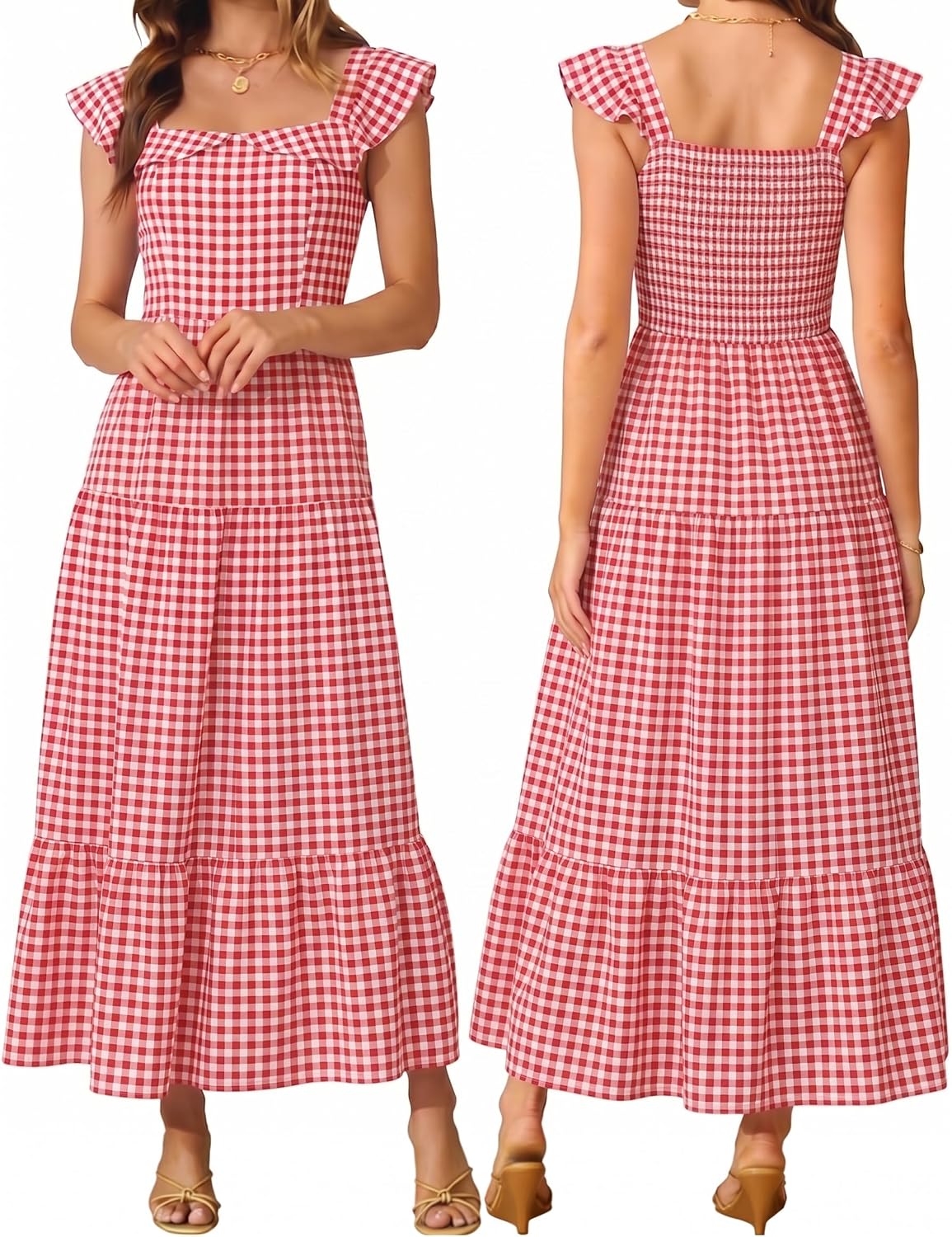 AUMORA Womens Summer Sleeveless Maxi Dress Square Neck | Smocked Backless, Ruffle Boho Flowy, A-Line Beach Dress, Vacation Resort Wear Outfits