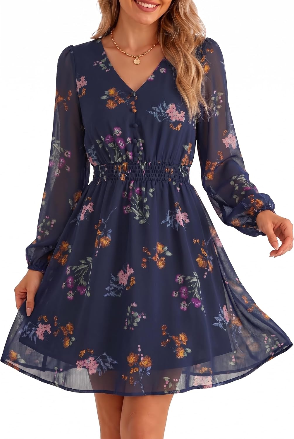 GERT COREL Womens Floral Mini Dress, V Neck Long Sleeve Chiffon A Line | Flowy Fall Dress for Women, Wedding Guest Dress, Floral Short Dress, Boho Dress, Garden Party, Bridal Shower, Date Night