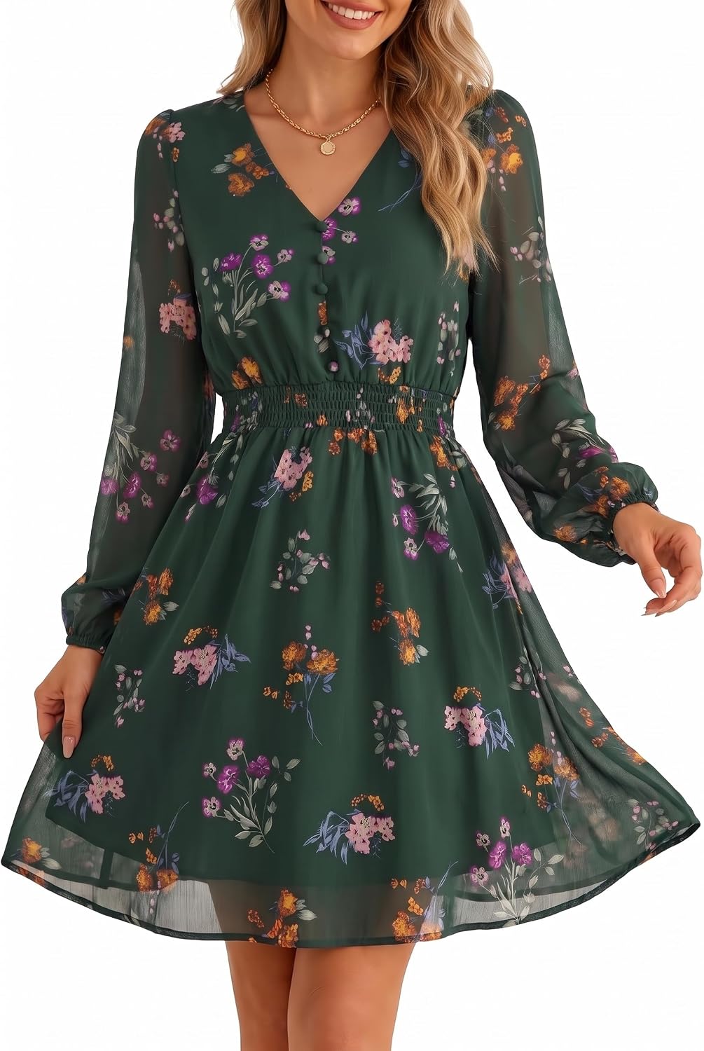 GERT COREL Womens Floral Mini Dress, V Neck Long Sleeve Chiffon A Line | Flowy Fall Dress for Women, Wedding Guest Dress, Floral Short Dress, Boho Dress, Garden Party, Bridal Shower, Date Night